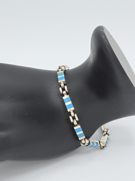 Source Unknown Jewelry - VTG Sterling Silver Turquoise Inlay Link Bracelet 7.5" Southwestern Zuni Style